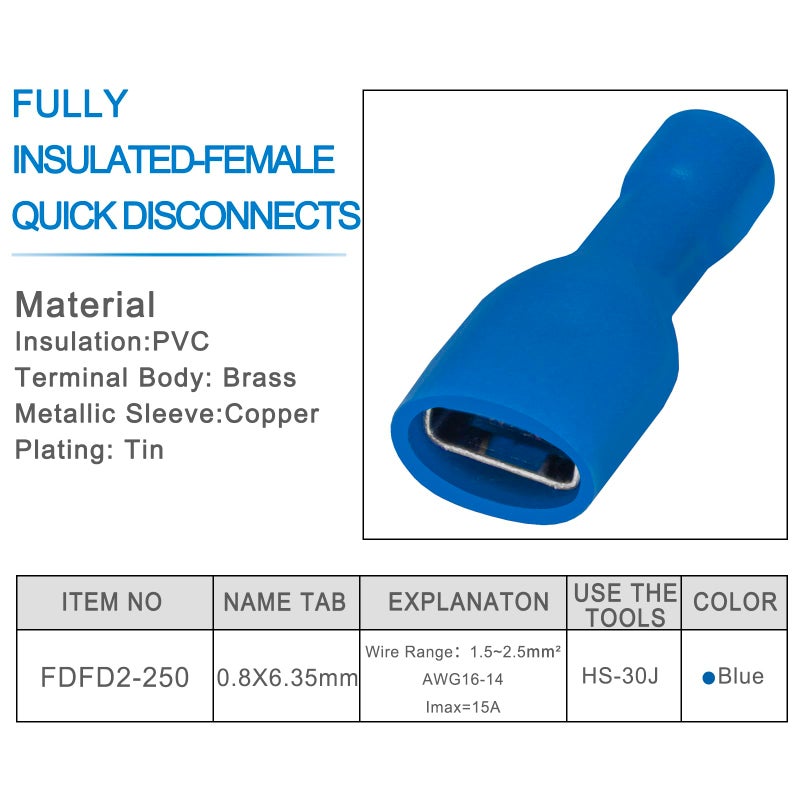Heschen Female Quick Disconnects Vinyl Fully Insulated, FDFD2-250, 6.3 x 0.8 mm Cable Terminal, for 1.5-2.5mmÂ² (16-14 AWG), Blue, 100Pack - Image 3